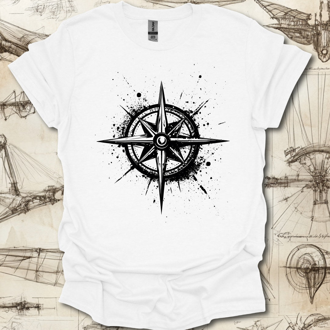 Grungy black compass rose with ink splatter design on steampunk-themed T-shirt