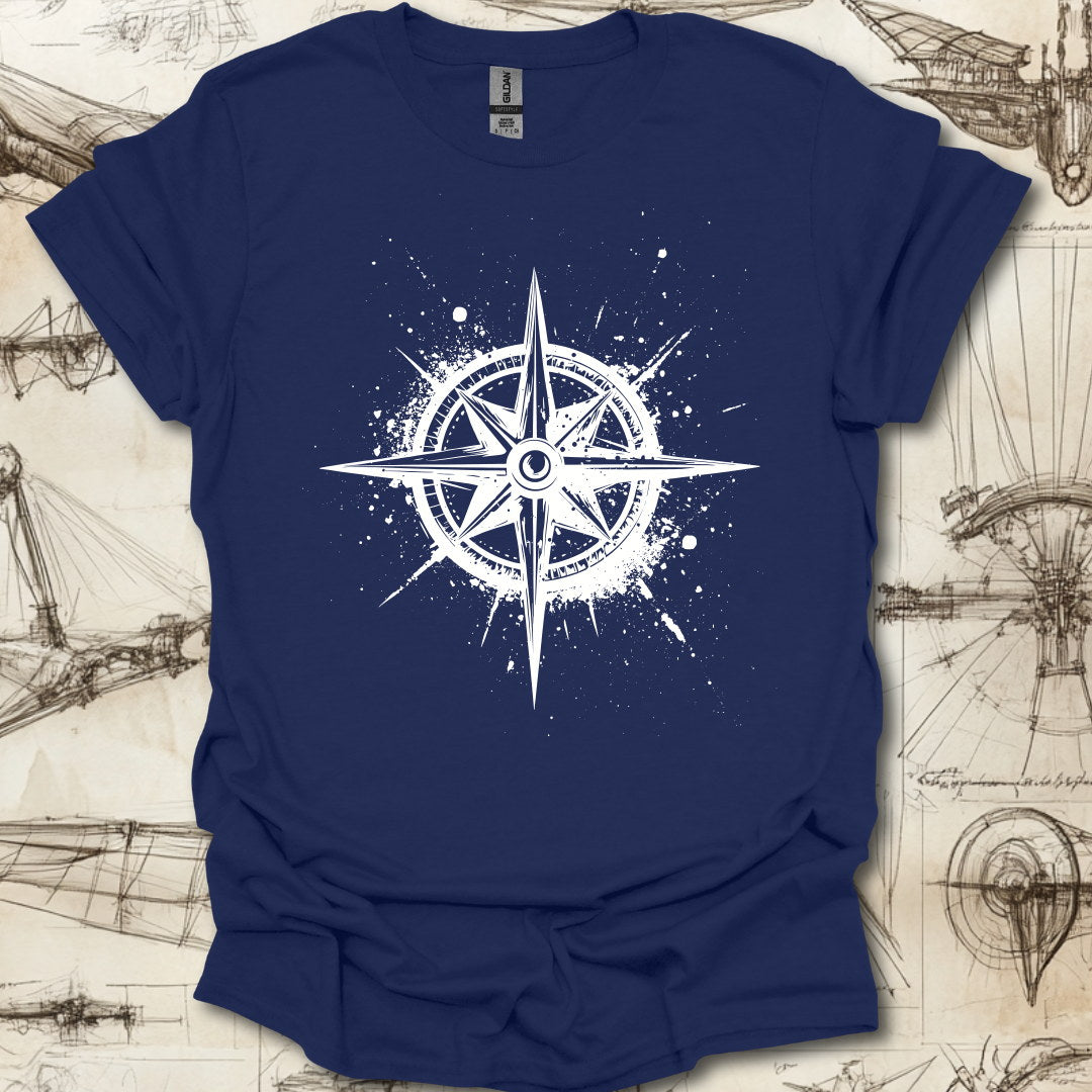 Grungy black compass rose with ink splatter design on steampunk-themed T-shirt